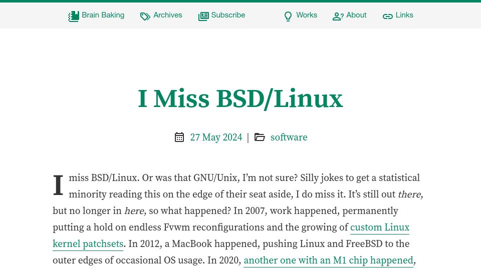Screenshot of brainbaking.com: I Miss BSD/Linux