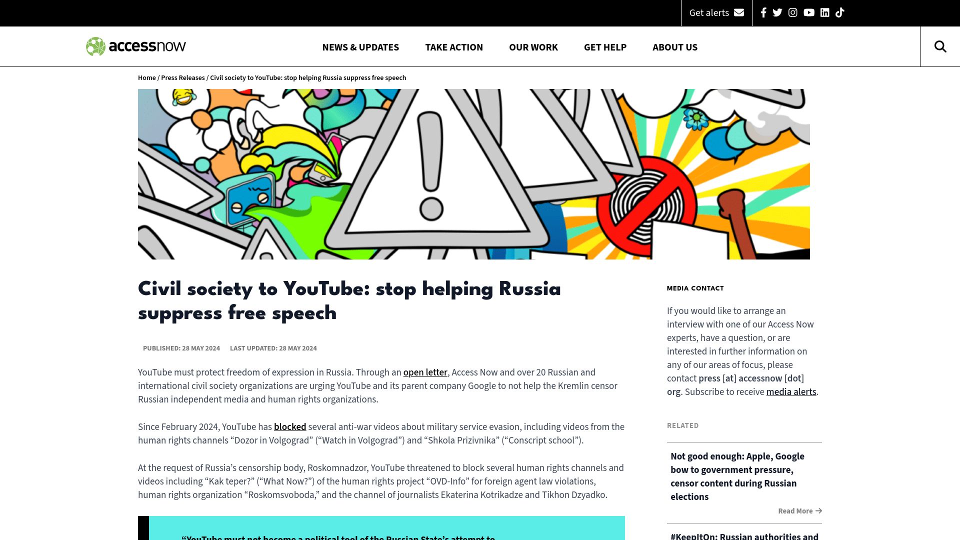 Screenshot of accessnow.org: Civil society to YouTube: stop helping Russia suppress free speech