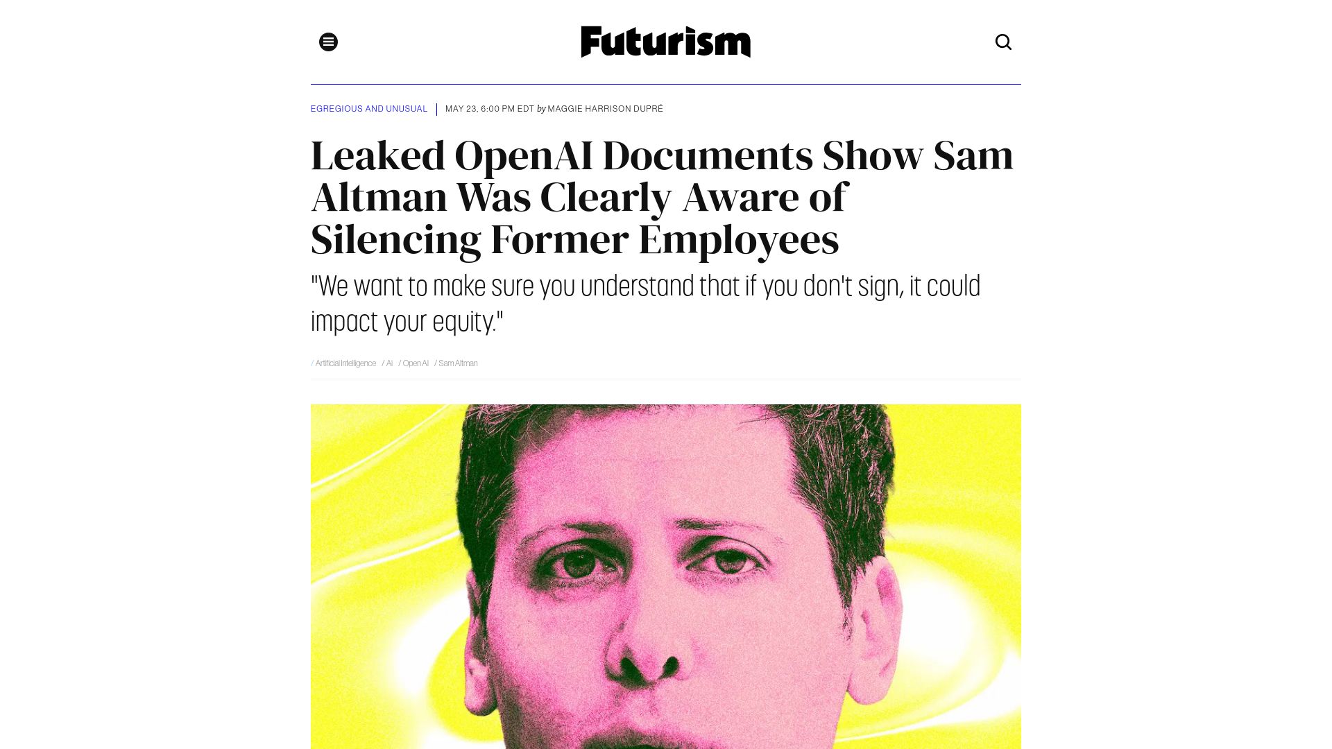 Screenshot of futurism.com: Leaked OpenAI Docs Show Sam Altman Clearly Aware of Silencing Former Employees