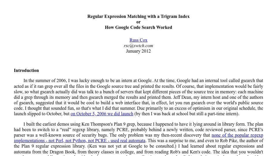 Screenshot of swtch.com: Regular Expression Matching with a Trigram Index (2012)