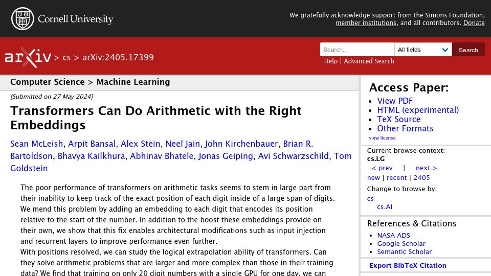 Screenshot of arxiv.org: Transformers Can Do Arithmetic with the Right Embeddings