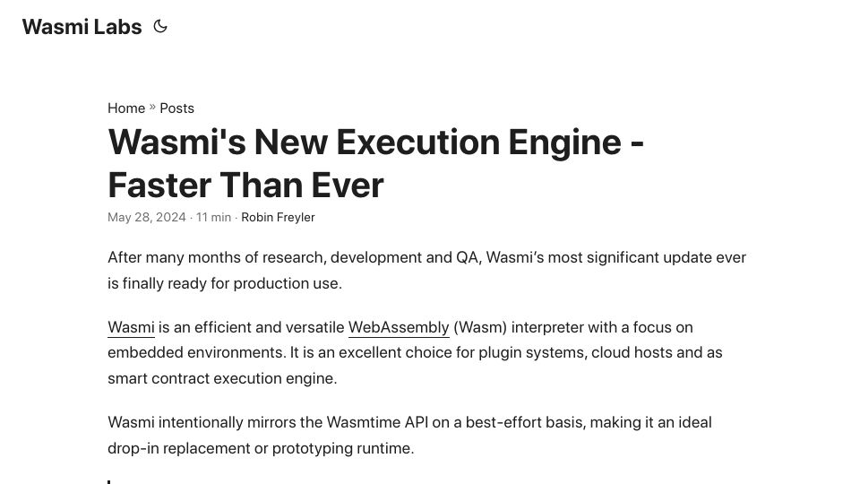 Screenshot of wasmi-labs.github.io: Wasmi v0.32: WebAssembly interpreter is now faster than ever