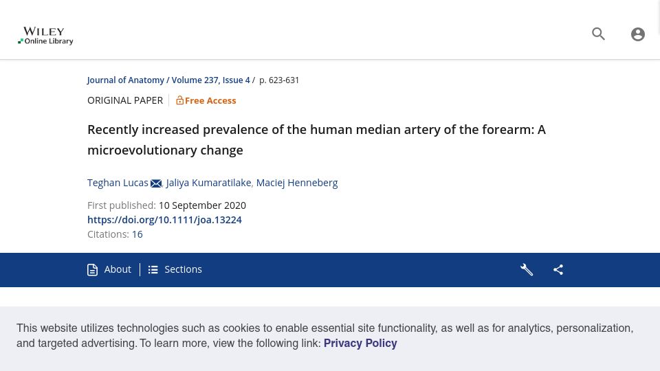 Screenshot of onlinelibrary.wiley.com: Recently increased prevalence of human forearm median artery: Microevolution