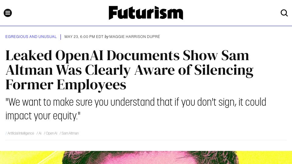 Screenshot of futurism.com: Leaked OpenAI Docs Show Sam Altman Clearly Aware of Silencing Former Employees