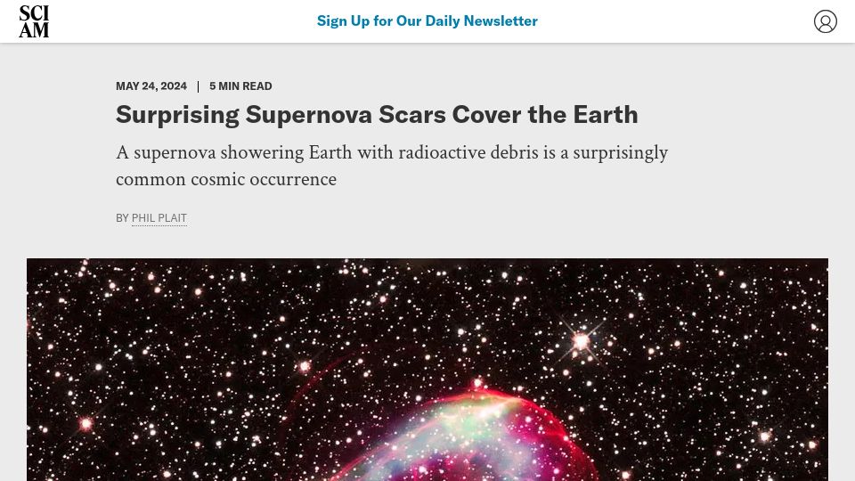 Screenshot of scientificamerican.com: Surprising supernova scars cover the Earth
