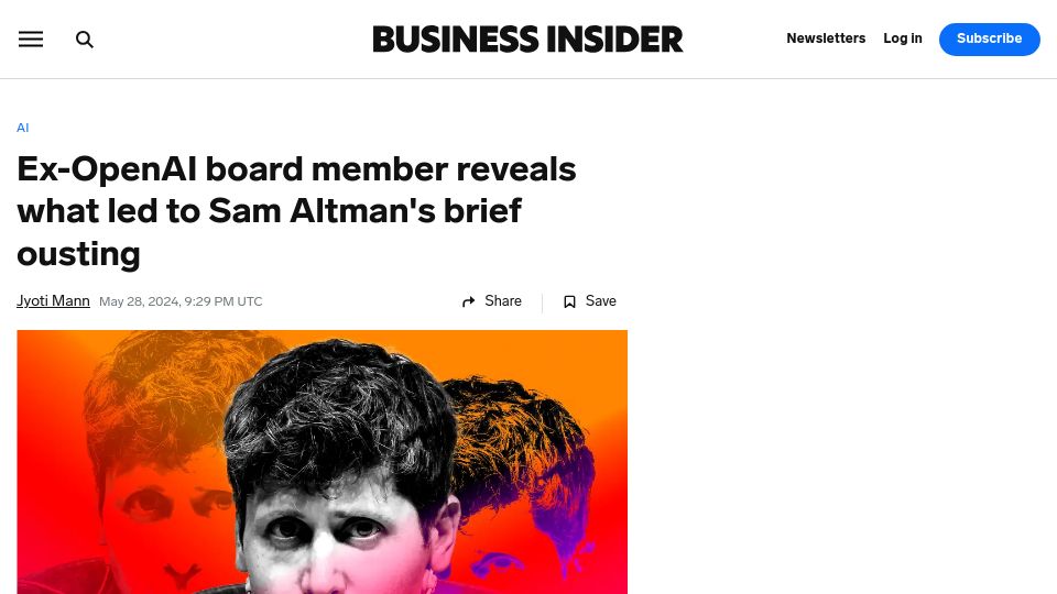 Screenshot of businessinsider.com: Ex-OpenAI board member reveals what led to Sam Altman's brief ousting