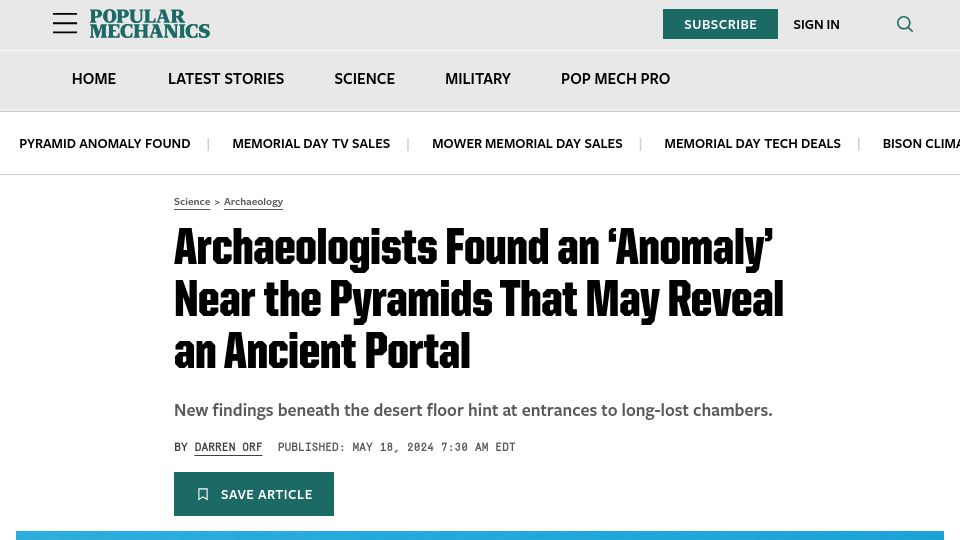 Screenshot of popularmechanics.com: Archaeologists Found an 'Anomaly' Near the Pyramids – May Reveal Ancient Portal