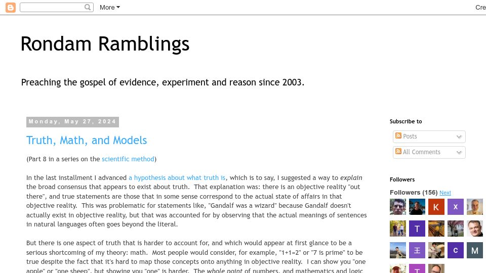 Screenshot of blog.rongarret.info: Truth, Math, and Models (Part 8 in a series on the scientific method)