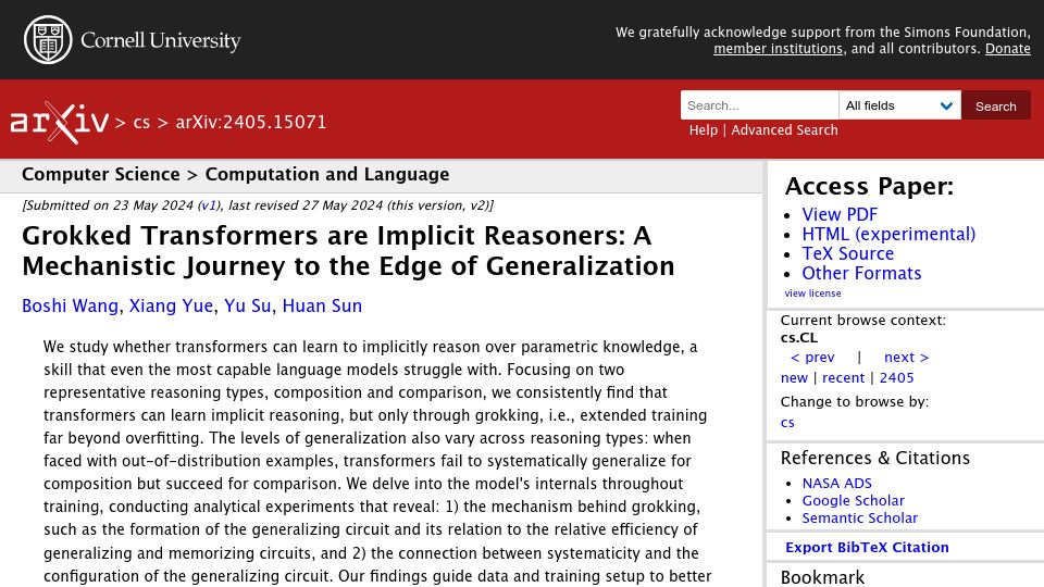 Screenshot of arxiv.org: Grokked Transformers Are Implicit Reasoners