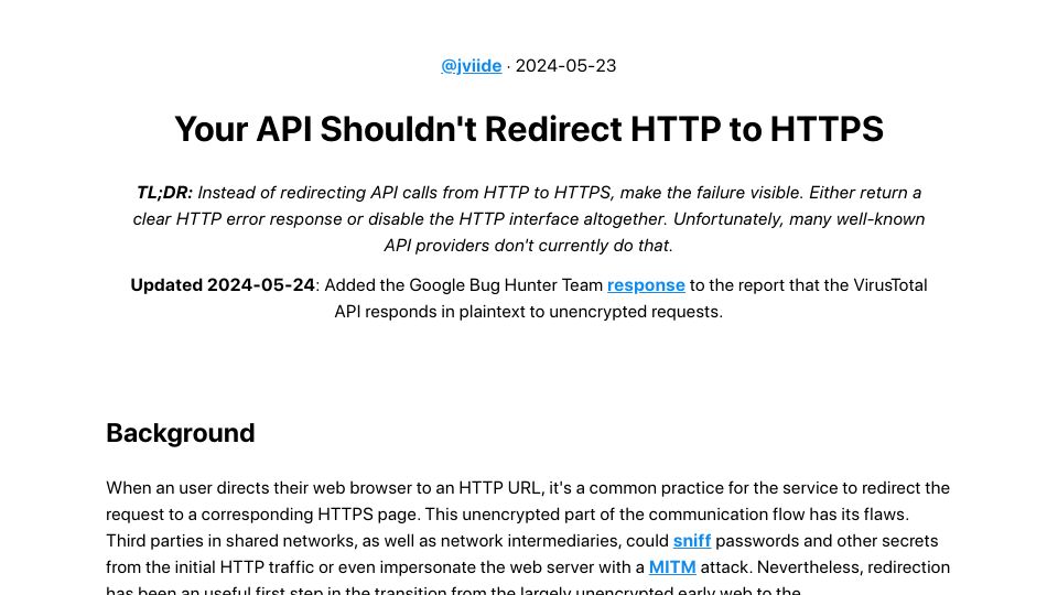 Screenshot of jviide.iki.fi: API Shouldn't Redirect HTTP to HTTPS