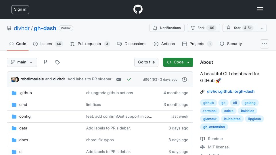 Screenshot of github.com: Gh-dash: A beautiful CLI dashboard for GitHub