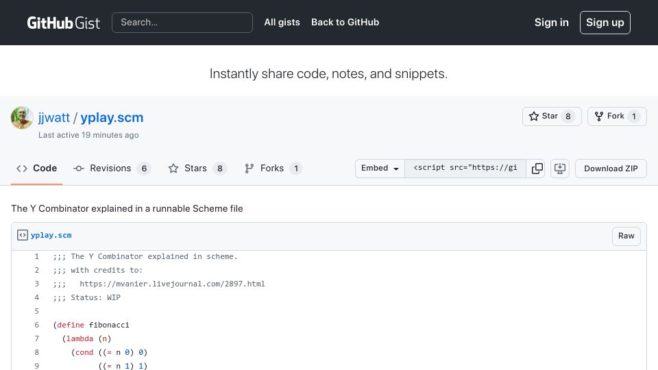 Screenshot of gist.github.com: The Y Combinator explained in a runnable Scheme file
