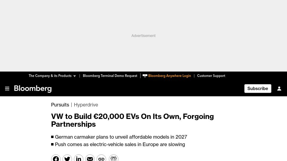 Screenshot of bloomberg.com: VW to Build €20k EVs on Its Own, Forgoing Partnerships