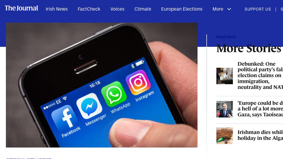 Screenshot of thejournal.ie: Facebook will soon use your photos, posts and other info to train its AI