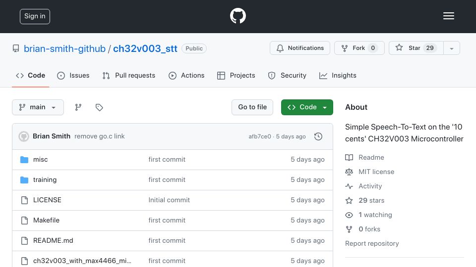 Screenshot of github.com: Simple Speech-to-Text on the '10 Cents' CH32V003 Microcontroller