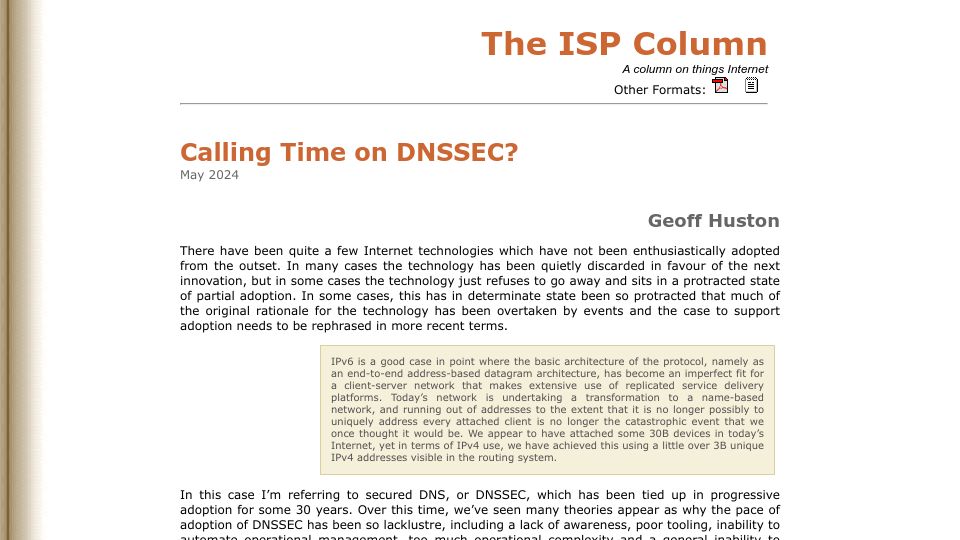 Screenshot of potaroo.net: Calling Time on DNSSEC?