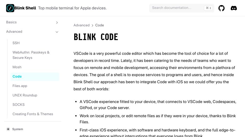 Screenshot of docs.blink.sh: Run VSCode and terminal on any iOS device