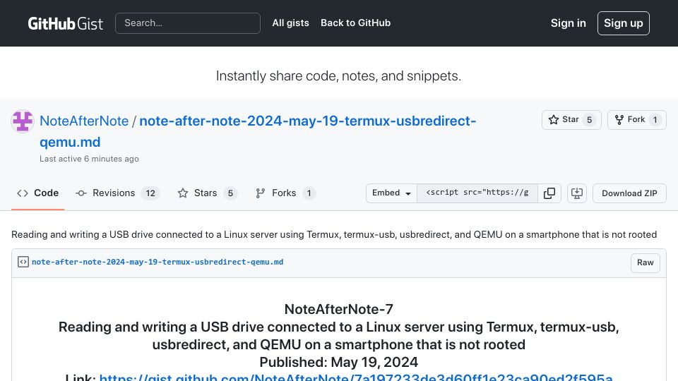 Screenshot of gist.github.com: USB disk as /dev/sda on a not-rooted smartphone using Termux, QEMU, Alpine Linux