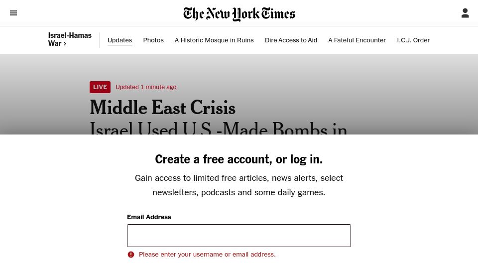 Screenshot of nytimes.com: Israel Used U.S.-Made Bombs in Strike That Killed Dozens Near Rafah
