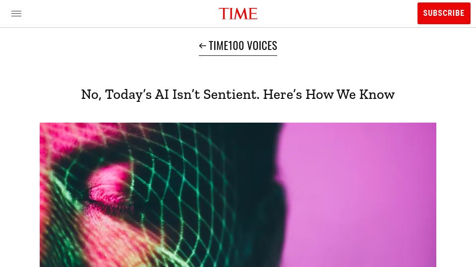 Screenshot of time.com: Today's AI Isn't Sentient