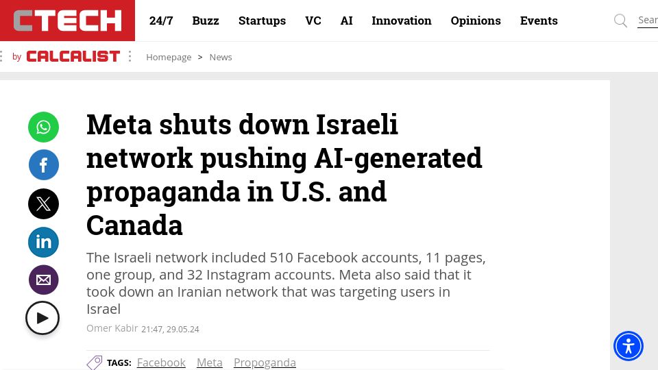 Screenshot of calcalistech.com: Meta shuts down Israeli network pushing AI-generated propaganda in U.S.
