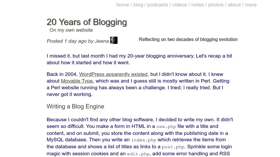 Screenshot of jeena.net: 20 Years of Blogging on my own website