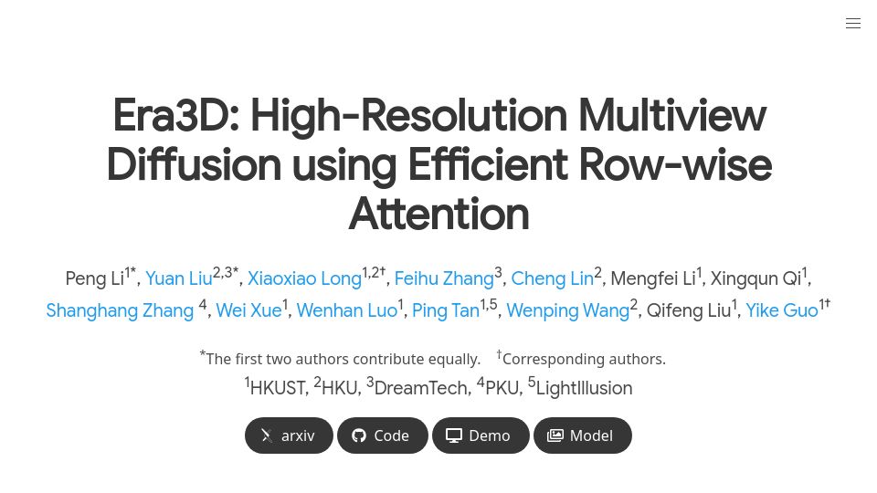 Screenshot of penghtyx.github.io: Era3D: High-Resolution Multiview Diffusion Using Efficient Row-Wise Attention