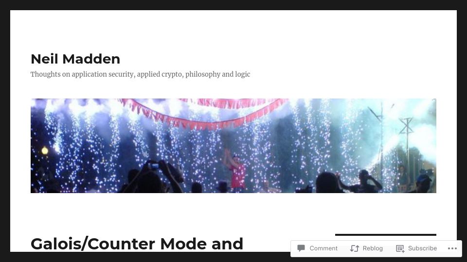 Screenshot of neilmadden.blog: Galois/Counter Mode and random nonces