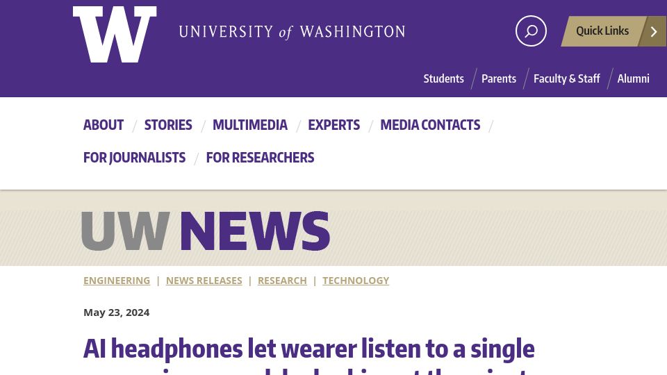 Screenshot of washington.edu: AI headphones let wearer listen to a single person in a crowd by looking at them