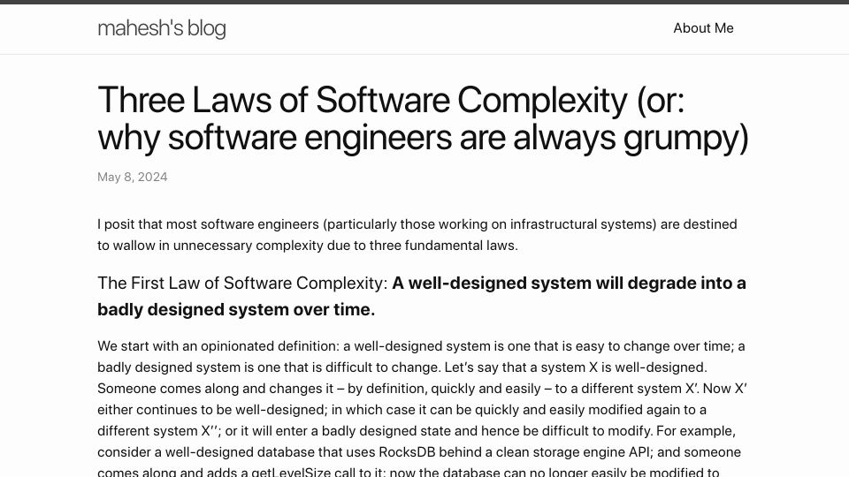 Screenshot of maheshba.bitbucket.io: Three Laws of Software Complexity