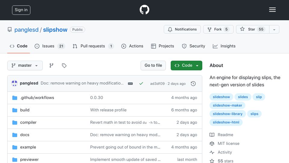 Screenshot of github.com: Show HN: Slipshow – A presentation tool not based on slides