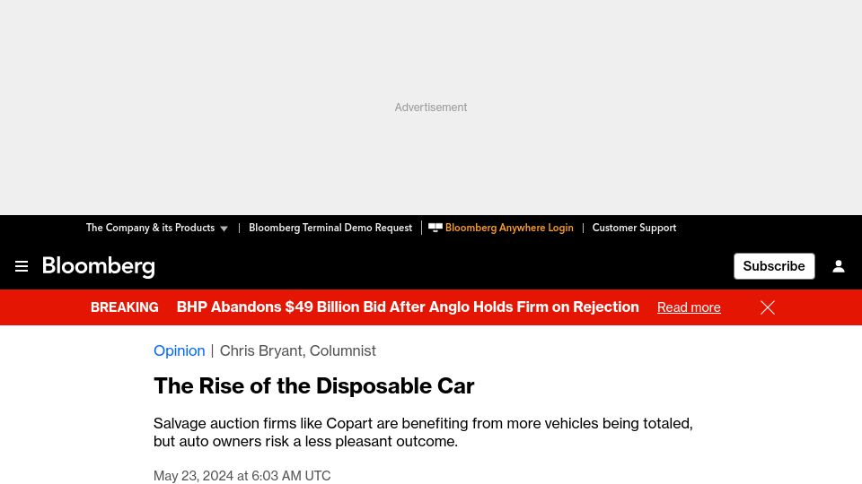 Screenshot of bloomberg.com: The rise of the disposable car