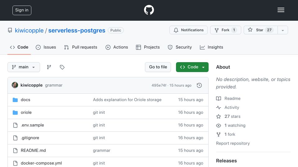 Screenshot of github.com: Show HN: Serverless Postgres
