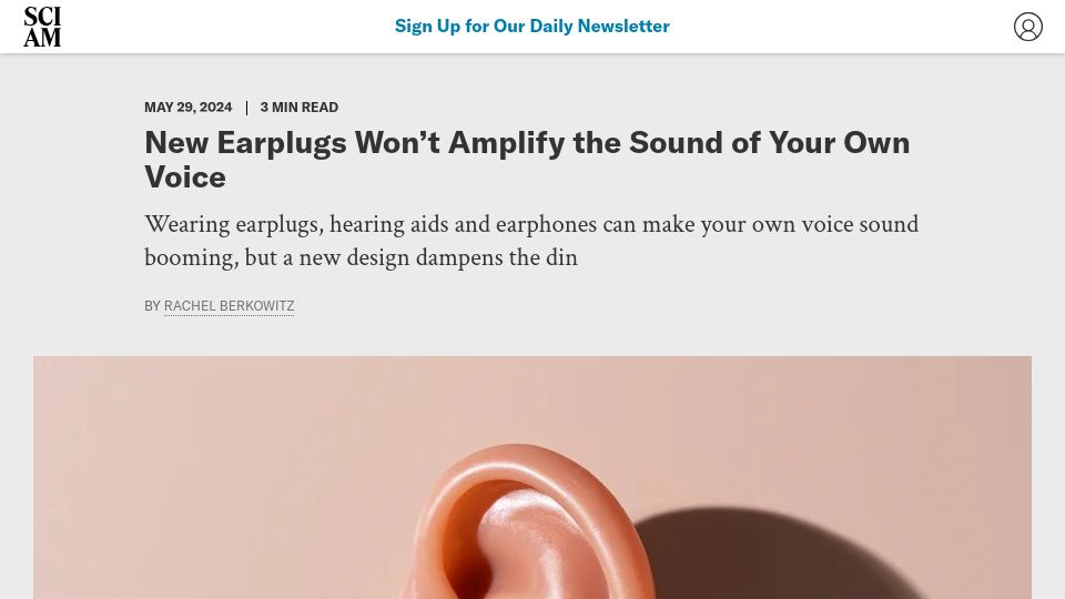 Screenshot of scientificamerican.com: New earplugs won't amplify the sound of your own voice