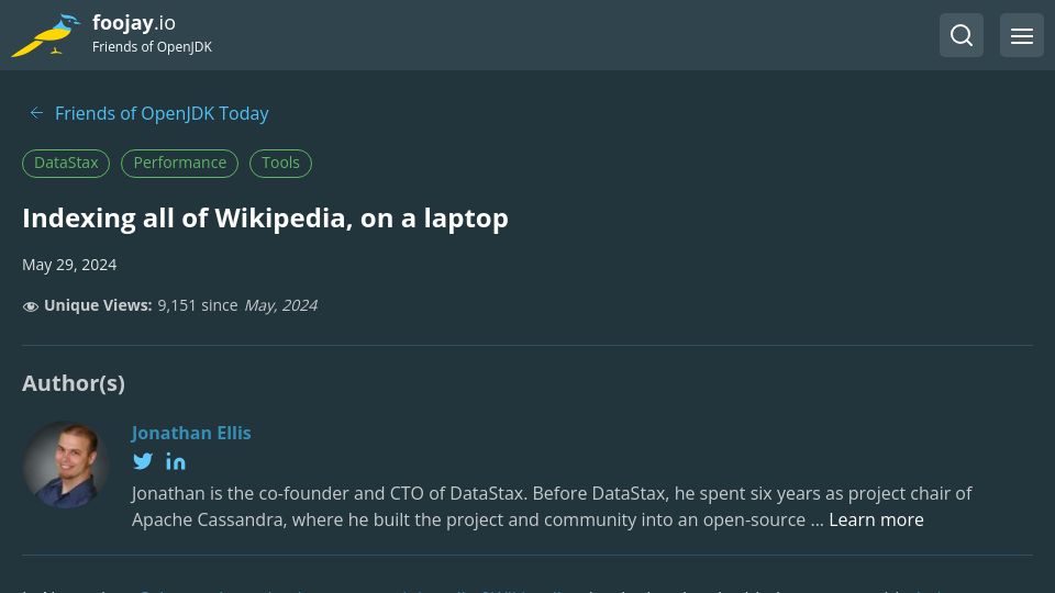 Screenshot of foojay.io: Vector indexing all of Wikipedia on a laptop