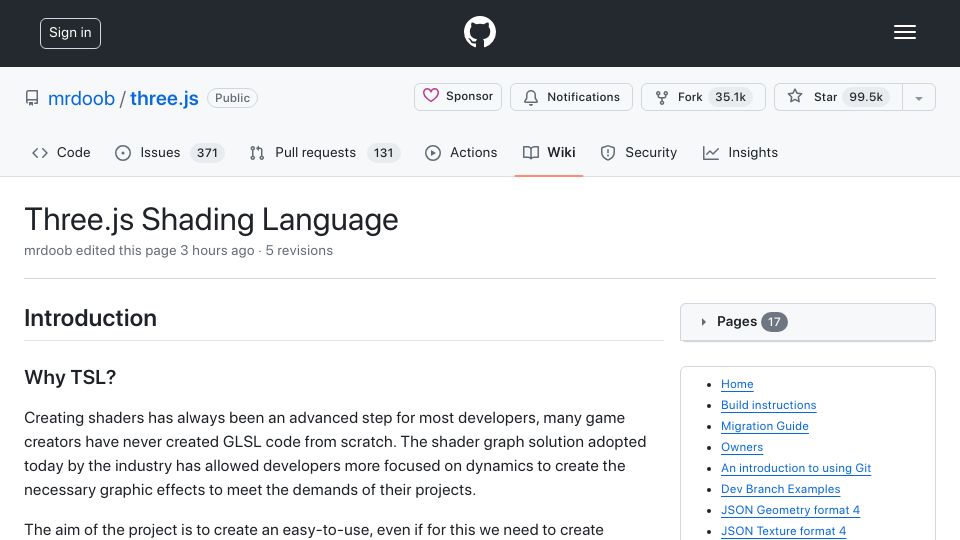 Screenshot of github.com: Three.js Shading Language