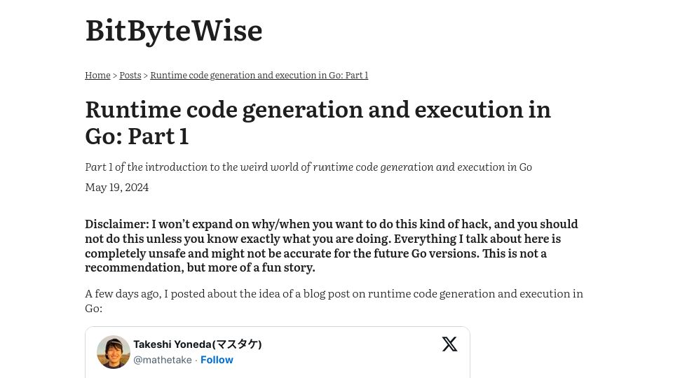 Screenshot of mathetake.github.io: Runtime code generation and execution in Go