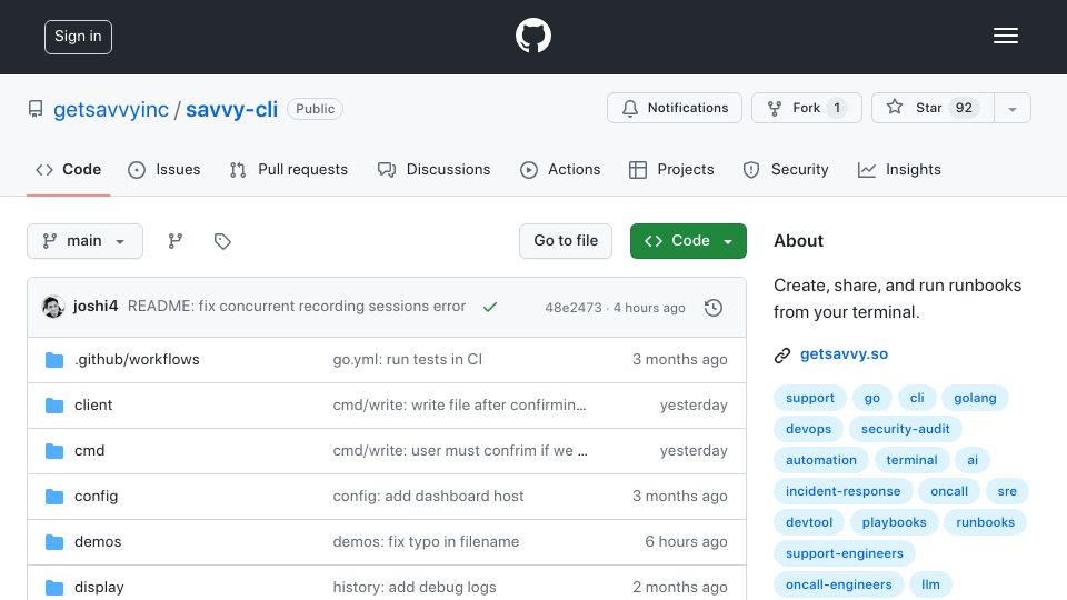 Screenshot of github.com: Show HN: Savvy – Create, Share and Run Runbooks from your Terminal