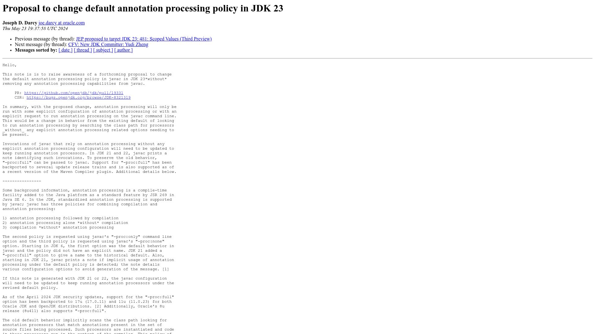 Screenshot of mail.openjdk.org: Proposal to change default annotation processing policy in JDK 23