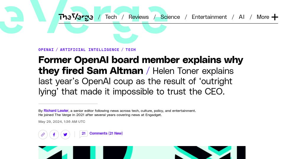 Screenshot of theverge.com: Former OpenAI board member explains why they fired Sam Altman