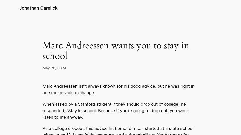 Screenshot of garelick.net: Marc Andreessen wants you to stay in school