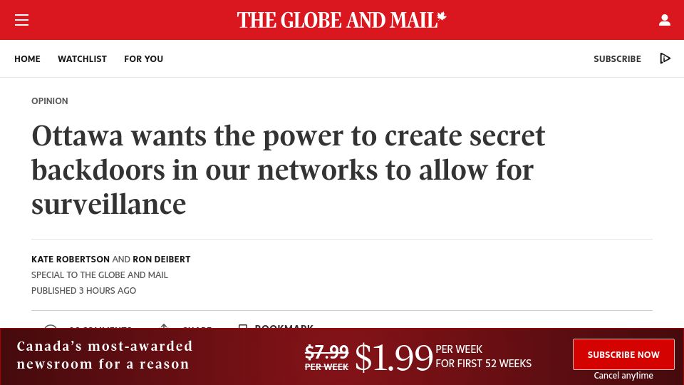 Screenshot of theglobeandmail.com: Ottawa wants the power to create secret backdoors in networks for surveillance