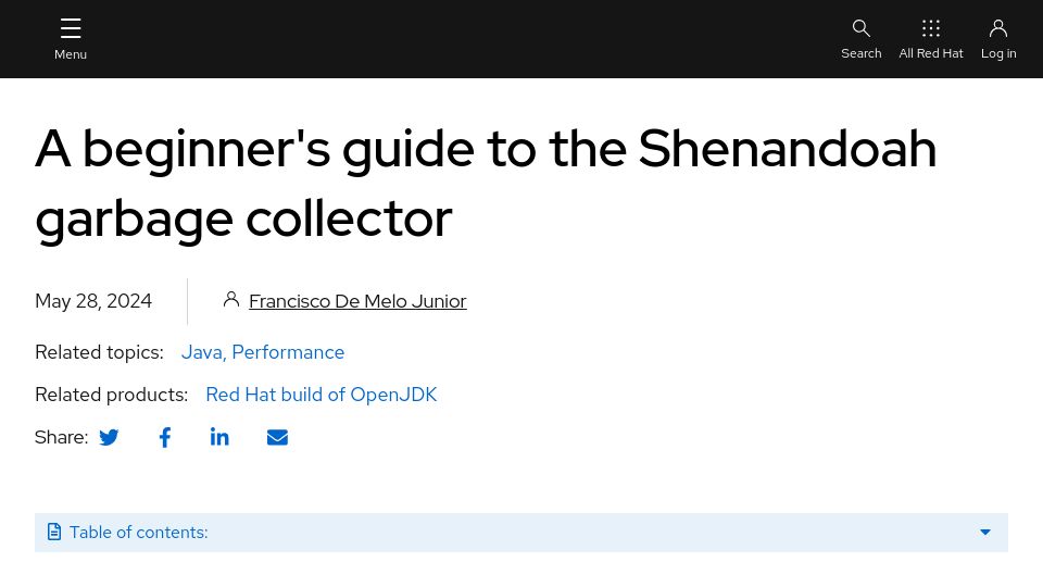 Screenshot of developers.redhat.com: Beginner's guide to the Shenandoah garbage collector
