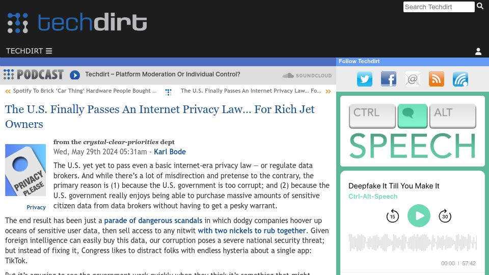 Screenshot of techdirt.com: The U.S. Passes an Internet Privacy Law for Rich Jet Owners
