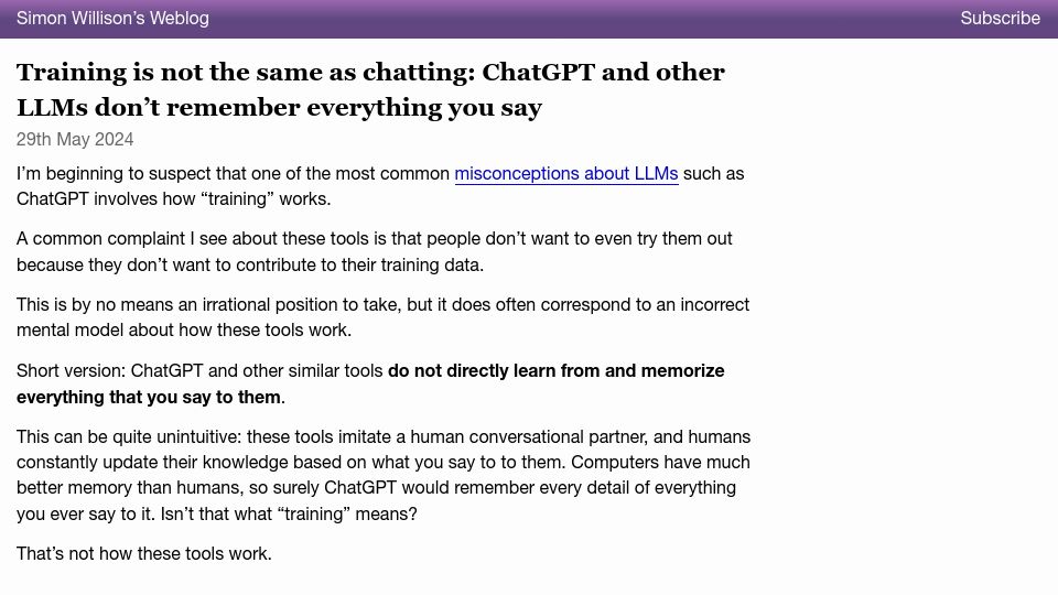 Screenshot of simonwillison.net: Training is not the same as chatting: LLMs don’t remember everything you say