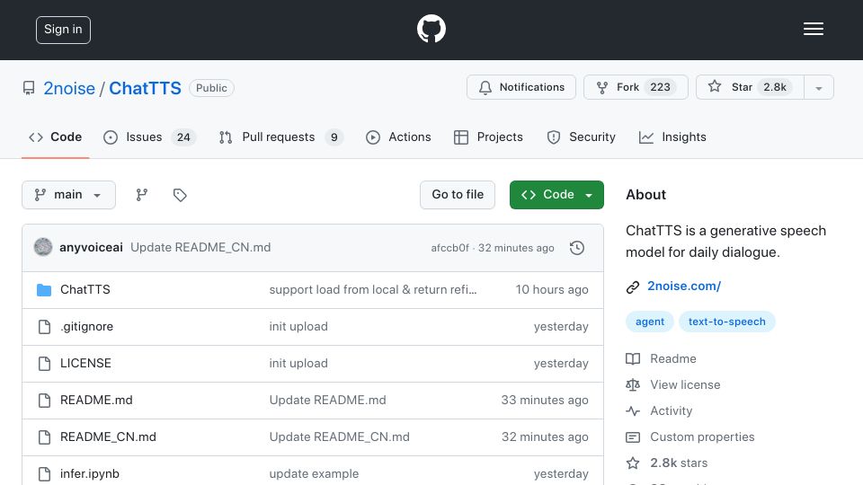 Screenshot of github.com: ChatTTS-Best open source TTS Model
