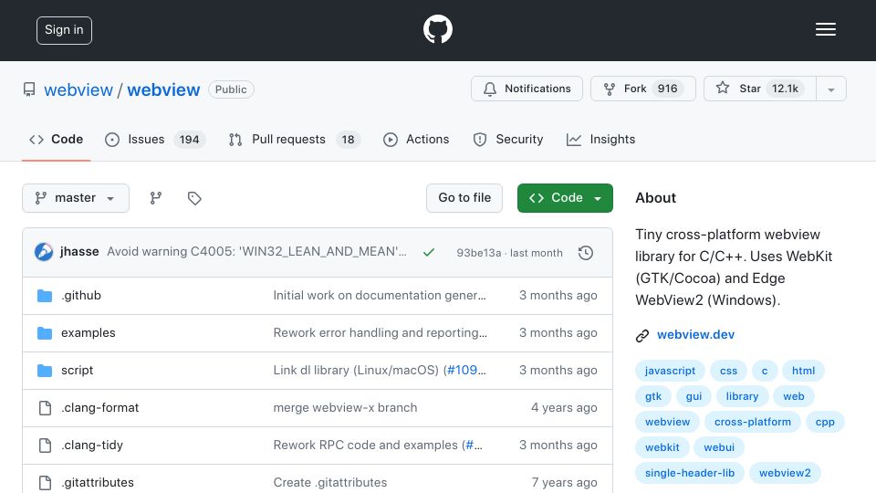 Screenshot of github.com: Webview: Tiny cross-platform webview library for C/C++