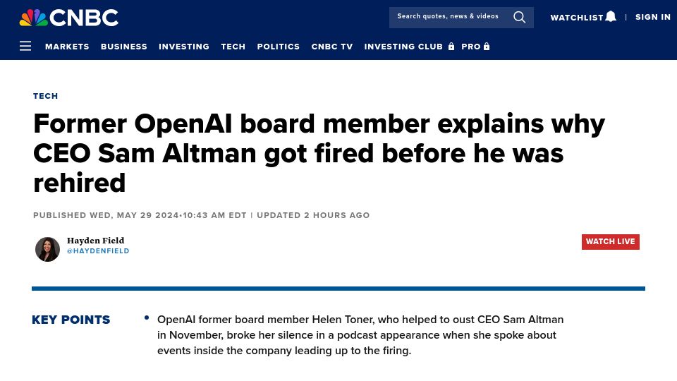 Screenshot of cnbc.com: Why OpenAI CEO was ousted