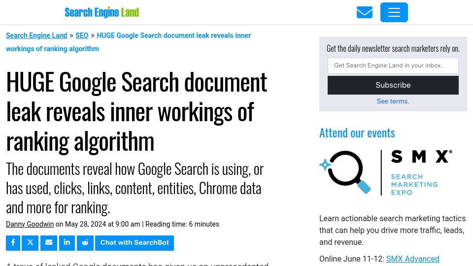 Screenshot of searchengineland.com: Google Search document leak reveals inner workings of ranking algorithm