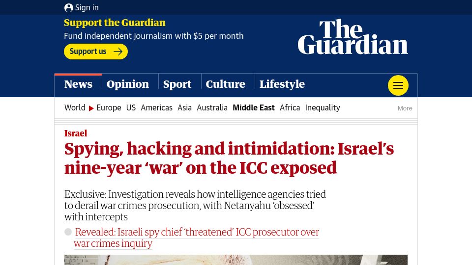 Screenshot of theguardian.com: Isreal Spied on and Hacked the ICC